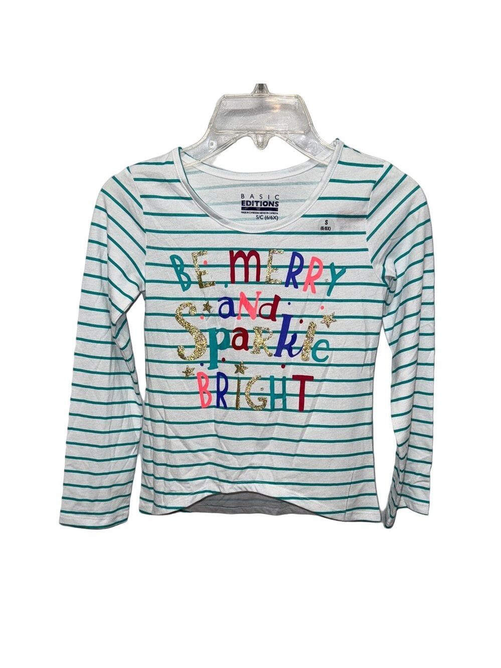 Basic Editions Girls S 6 6X Merry And Sparkle Striped Christmas Tee Holiday